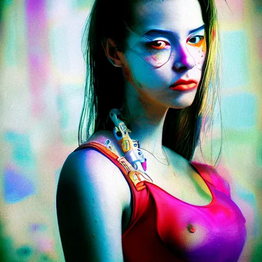 Prompt: A portrait of a beautiful cyberpunk girl, in the style of David LaChapelle, Kodakchrome, fine art