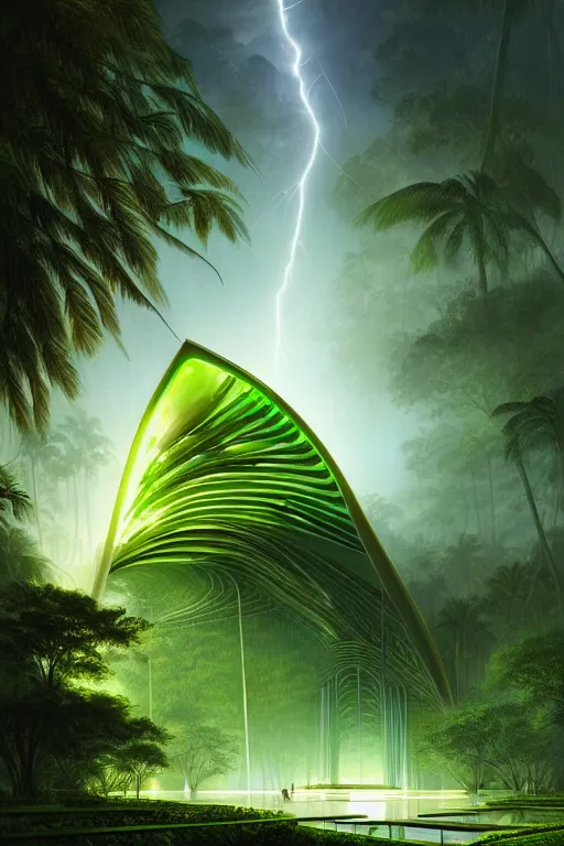 Image similar to a stormy tropical forest with green lightning bugs flying around a ancient futuristic temple designed by zaha hadid, tone mapped, shiny, intricate, cinematic lighting, highly detailed, digital painting, artstation, concept art, smooth, sharp focus, illustration, art by arthur haas and bruce pennington and john schoenherr