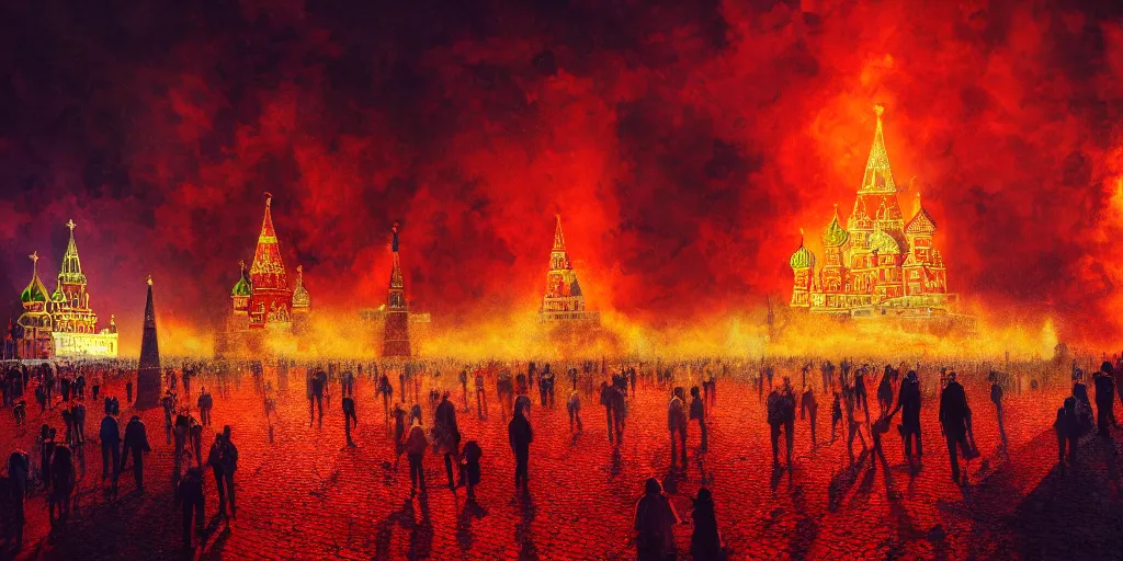 Image similar to beautiful image of burning Red Square in Moscow with fire, saturated, detailed lighting, high quality, sharp focus, intricate, digital painting, artstation, 8k