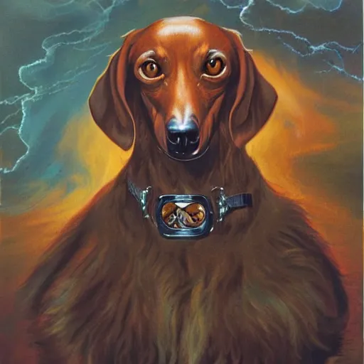 Image similar to Highly detailed portrait of a fire elemental dachshund, painted by Gerald Brom