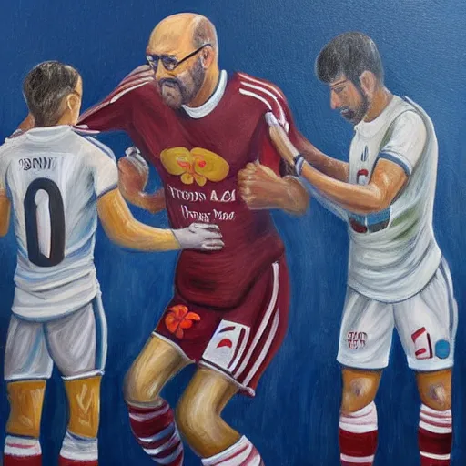 Prompt: a detailed painting of joel glazer being tarred and feathered