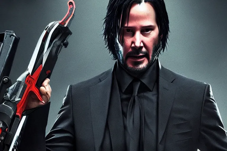 Image similar to keanu reeves as john wick, holding a chainsaw, cinematic, doom eternal concept art