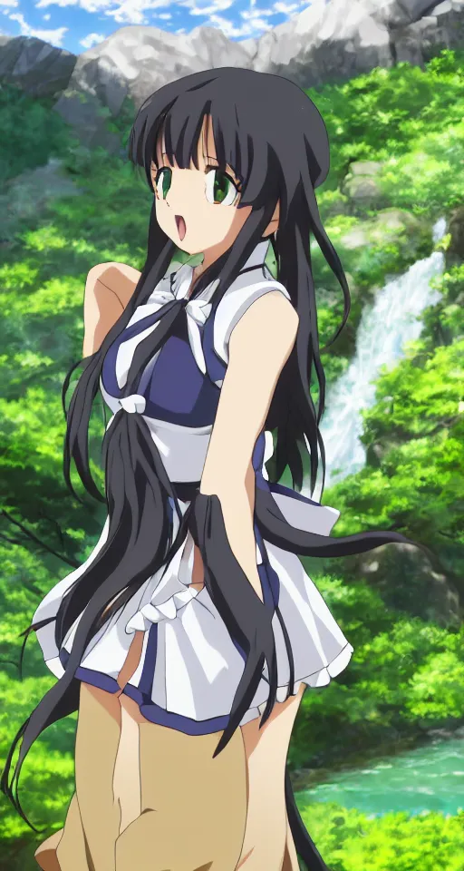 Prompt: high quality anime-style image of Hestia from Is It Wrong to Try to Pick Up Girls in a Dungeon wearing a plaid schoolgirl skirt, green curled pigtails hair, standing near a waterfall, 4k, digital art, wallpaper