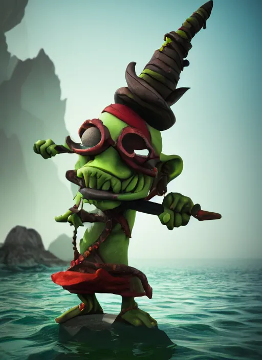 Prompt: A goblin pirate, blender, portrait, detailed, 4k, ocean background, bokeh