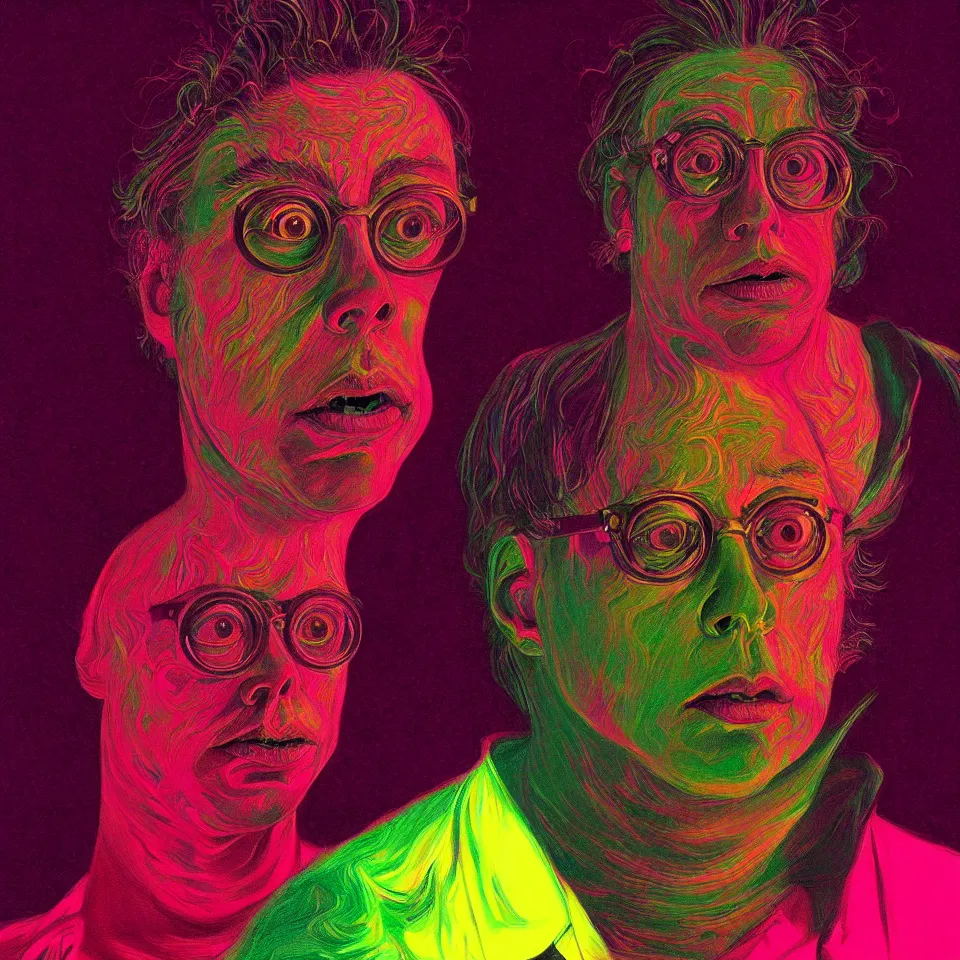 Prompt: bright psychedelic todd solondz turning into god and satan, diffuse lighting, fantasy, intricate, elegant, highly detailed, lifelike, photorealistic, digital painting, artstation, illustration, concept art, smooth, sharp focus, art by francis bacon