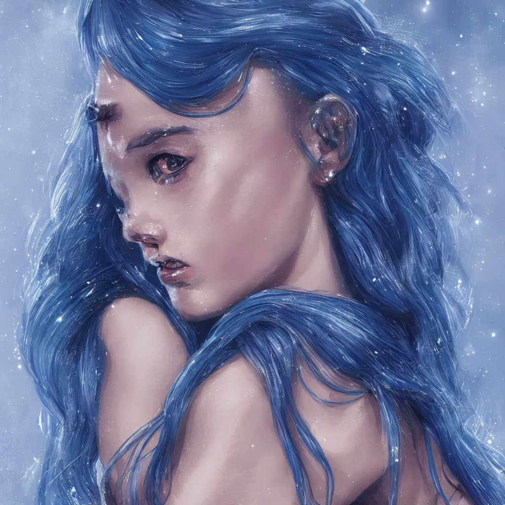 Prompt: a portrait of an attractive girl with blue celestial hair and dark lipstick and freckles, wearing a sparkling dress, by viktoria gavrilenko, trending on artstation, highly detailed, cinematic lighting, character concept art, movie poster art, movie concept art