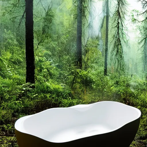 Image similar to pristine porcelain bath filled with bubbles in a clearcut rainforest, slash and burn, cleared forest, deforestation, bubble bath, overflowing with bubbles, tree stumps, smouldering charred timber