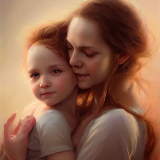 Image similar to love is patient love is kind, mother and child ; photorealistic oil painting by charlie bowater and mark blooms ; highly detailed cute faces by wlop ; trending on artstation