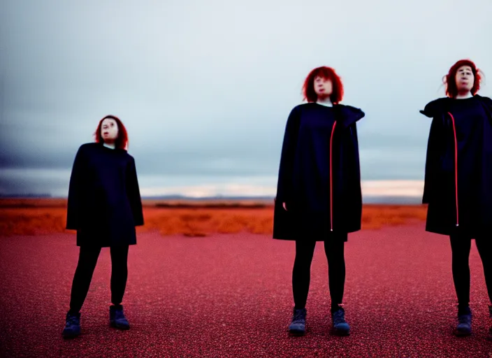 Image similar to cinestill 5 0 d closeup photographic portrait of two clones in front of a brutalist metal building, techwear women, on a desolate plain, red sky, black oversized clothes, depth of field, 4 k, 8 k, hd, full color