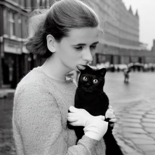 Prompt: A photograph of a Young Woman holding her cat while avoiding the rain on the streets of London, award winning photograph, realistic, detailed, 1960’s cinematic