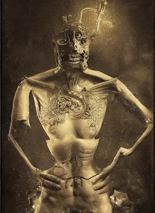 Prompt: old wetplate daguerreotype birth of a cyborg in times of eternal summoning, fractal, intricate, elegant, highly detailed, parallax, leica, medium format, subsurface scattering, by jheronimus bosch and greg rutkowski and dali and louis jacques mande daguerre