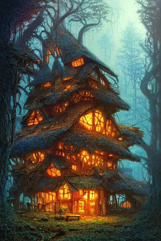 Image similar to a storybook style ramshackle multistory fairytale hut in the forest, by Bruce Pennington, intricate, elegant, fantasy, highly detailed, digital painting, concept art, sharp focus, artstation
