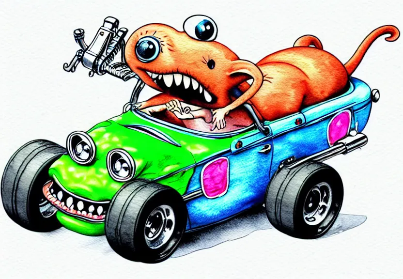 Prompt: cute and funny, rat riding in a tiny hot rod coupe with oversized engine, ratfink style by ed roth, centered award winning watercolor pen illustration, isometric illustration by chihiro iwasaki, edited by range murata