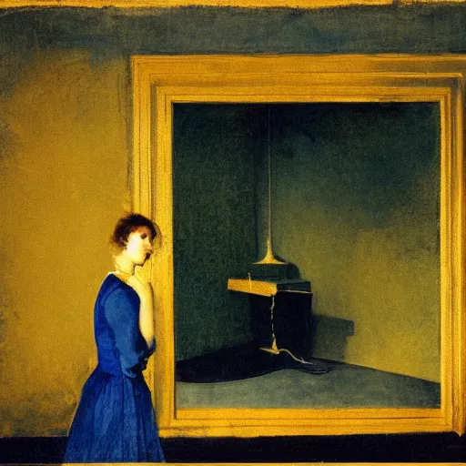 Image similar to a girl in a blue and gold haunted liminal room, film still by goya, subject by balthus, colors by pontormo, lights by hopper, extreme detail, liminal aesthetic, background art nouveau,