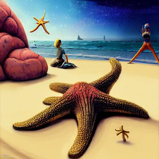 Prompt: patrick starfish meditates, hyperrealism, no blur, 4 k resolution, ultra detailed, style of ron cobb, adolf hiremy - hirschl, syd mead, ismail inceoglu, rene margitte