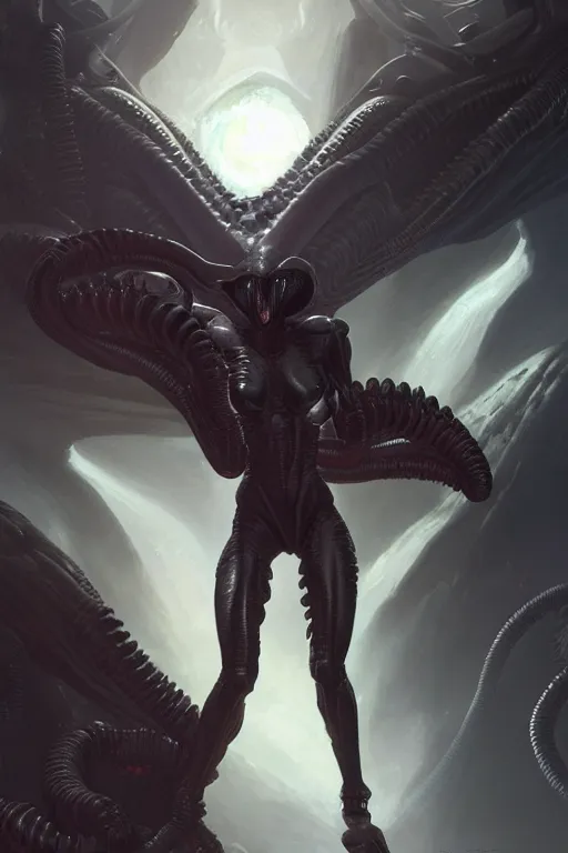 Image similar to goddess of the xenomorph aliens, highly detailed, digital painting, artstation, concept art, smooth, sharp focus, illustration, unreal engine 5, 8 k, art by artgerm and greg rutkowski and edgar maxence