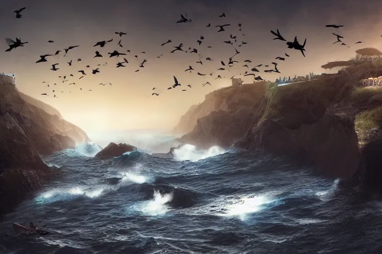 Image similar to a cinematic scene of a gigantic wall near an ocean, people flying on birds, concept, digital art, dramatic lighting