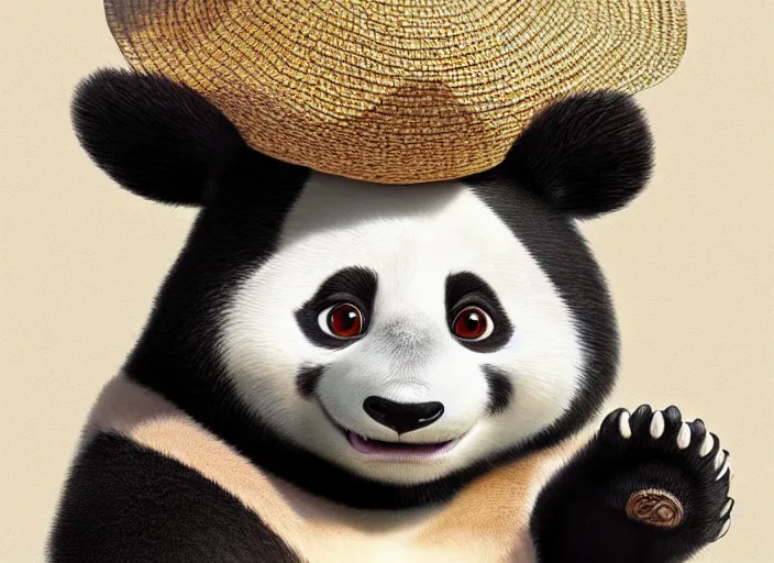 Image similar to award - winning detailed concept art of a cute iconic anthropomorphic panda character wearing a straw hat. art by wlop on bcy. net, realistic. detailed feathers, art by cheng yi. artstationhd, artgerm, 3 dcg, pixar zootopia. 3 d rendering, high quality model sheet, disney. model sheet detailed