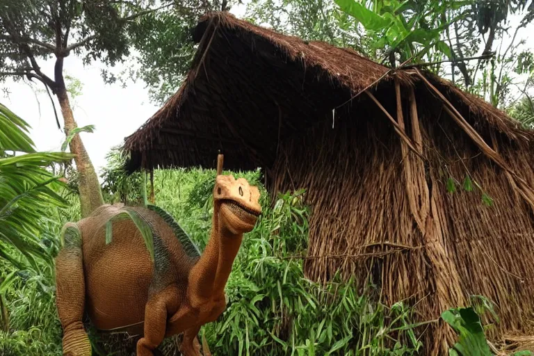Image similar to 4 meter tall unknown living herbivore dinosaur destroying hut by eating the straw roof in a small jungle settlement, shaky grainy amateur photos by witnesses