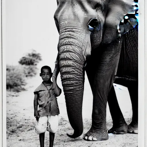 Image similar to extremely detailed black and white photo by john l. gaunt of a small boy standing next to an elephant. extreme focus of the face.