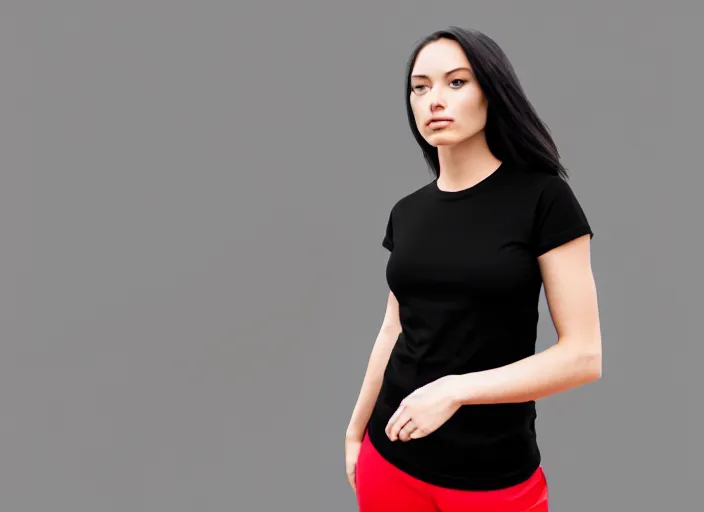 Image similar to clear photorealistic mockup product photograph of a blank black tshirt on an attractive female model in front of an urban background