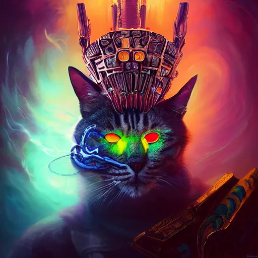 Prompt: portrait of a synthwave chieftain - cat with aztec - headdress and big glowing cyber eyes by peter mohrbacher and emmanuel shiu and martin johnson heade and bastien lecouffe - deharme, rim light photography