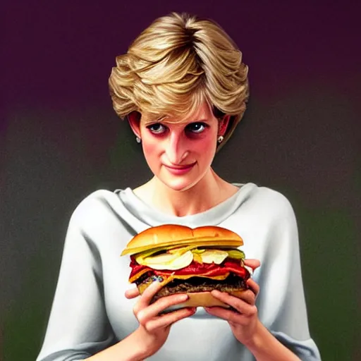 Image similar to portrait of a Princess Diana eating a hamburger, extra onions and ketchup, luscious patty with sesame seeds, masculine, handsome, D&D, fantasy, intricate, elegant, highly detailed, digital painting, artstation, concept art, matte, sharp focus, illustration, art by Artgerm and Greg Rutkowski and Alphonse Mucha