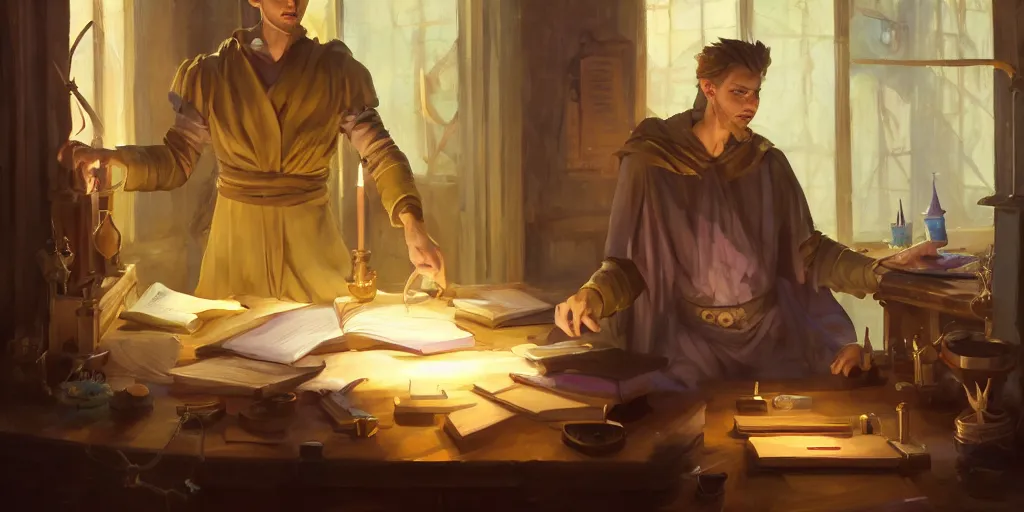 Image similar to a young caucasian male mage they are in a alchemy workshop working at there desk. coherent face, coherent hands, colorful, light rays, medium shot, waist up, sharp focus, bloom, dramatic lighting, very detailed, animation still by magali villeneuve, artgerm, jeremy lipkin and michael garmash, rob rey and kentaro miura style