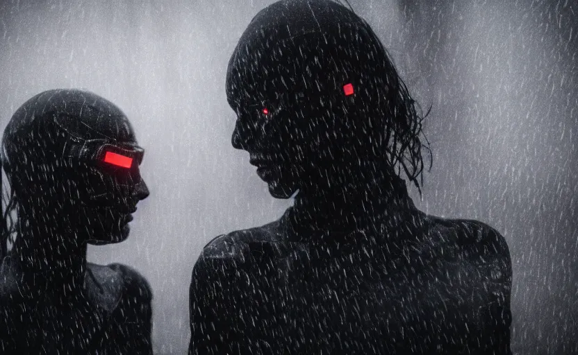 Prompt: cinestill 5 0 d candid photographic portrait by christopher nolan of two loving female androids wearing rugged black mesh techwear in treacherous waters, extreme closeup, modern cyberpunk moody emotional cinematic, pouring rain menacing lights shadows, 8 k, hd, high resolution, 3 5 mm, f / 3 2, ultra realistic faces, ex machina