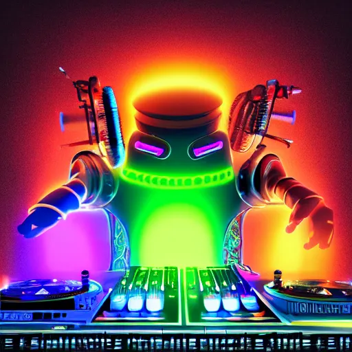 Image similar to album art for a dj, the album is called : dj roborock, big letters dj roborock, 3 steampunk robot heads with robot arms on a dj desk with a cd mixer, 8 k, fluorescent colors, halluzinogenic, multicolored, exaggerated detailed, front shot, 3 d render, octane