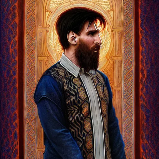 Image similar to lionel messi wearing islamic clothes, d & d, fantasy, intricate, elegant, highly detailed, digital painting, artstation, concept art, matte, sharp focus, illustration, art by artgerm and greg rutkowski and alphonse mucha