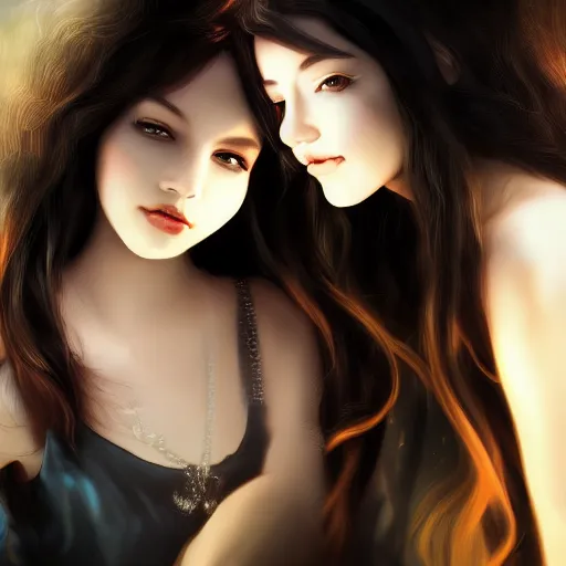 Image similar to of 2 girls with pearl shining in backgroud, black hair, photorealistic, cinematic light, highly detailed,