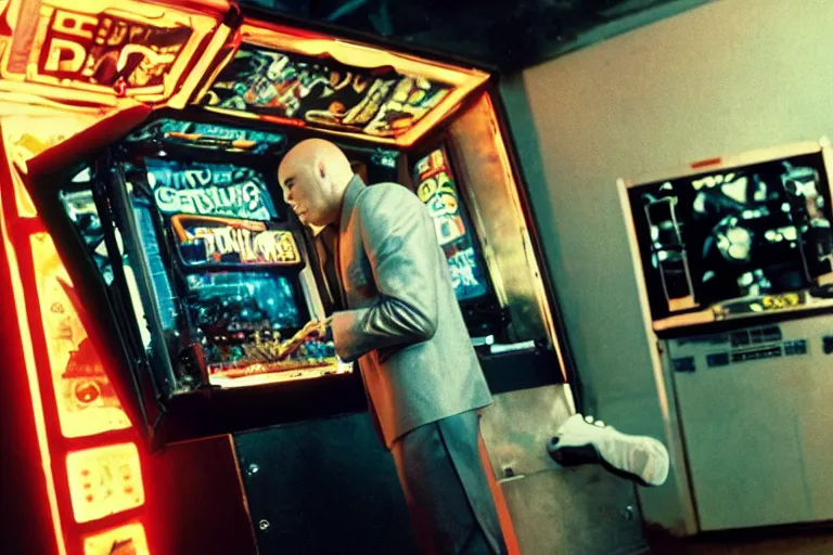 Image similar to pitbull using a computer while trapped in a pinball machine, in 1 9 8 5, y 2 k cybercore, industrial low - light photography, still from a kiyoshi kurosawa movie