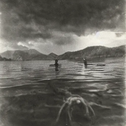 Prompt: creatures in the lake, 1 9 2 0 s photography