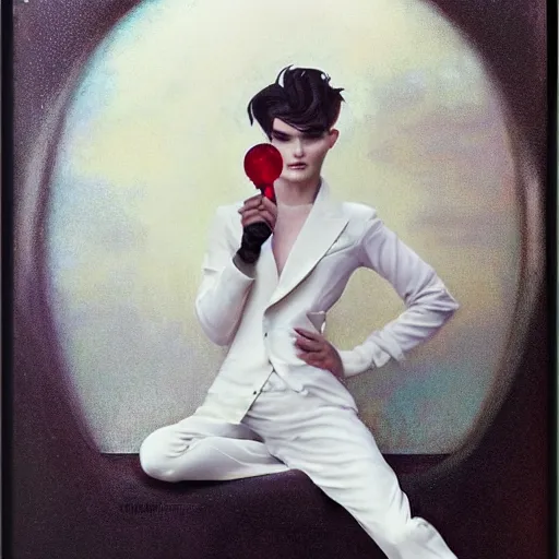 Image similar to beautiful portrait of androgynous ruby rose as desire from sandman in a white tuxedo!!!, rockabilly style,, by alphonse mucha, by jeremy mann, by peter lindbergh, cedric peyravernay, by frank moth, white suit and black tie, soft lightning, high detailed, 8 k