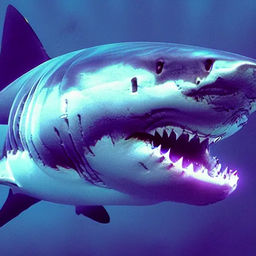 Image similar to a great white shark with purple lasers projecting out of its eyes. highly detailed, 4 k