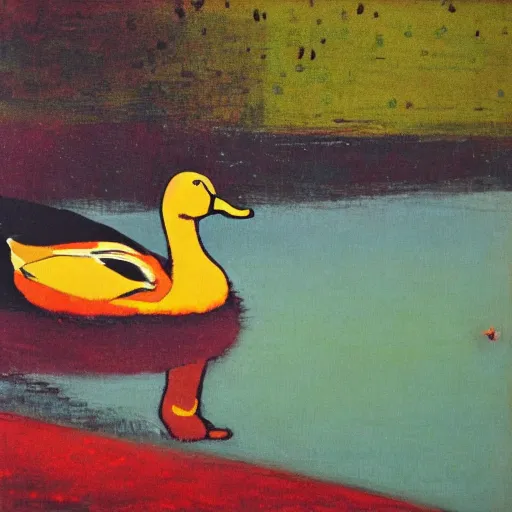 Prompt: a duck on the prowl oil painting peter doig