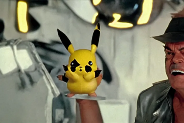 Image similar to Jack Nicholson in costume of Pikachu Terminator, scene where his endoskeleton gets exposed, still from the film