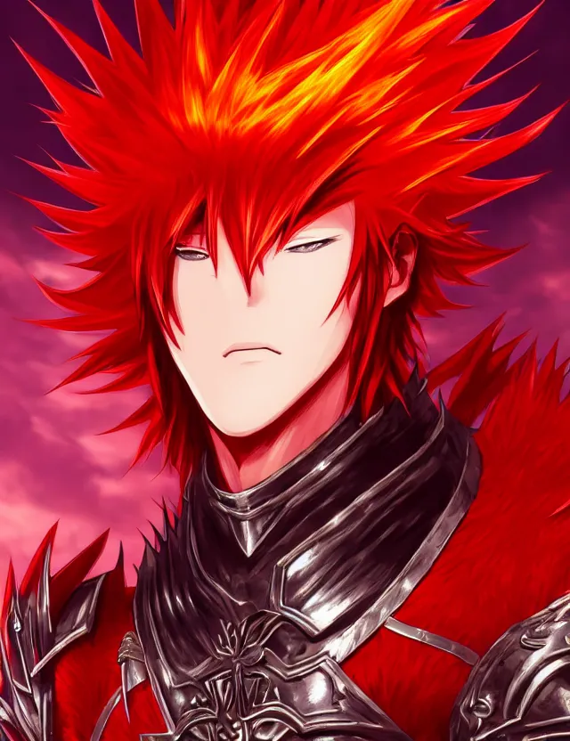 Image similar to a detailed manga portrait of a handsome tall man with spiked crimson hair in fiery crimson crystalline armour, trending on artstation, digital art, 4 k resolution, detailed, high quality, sharp focus, hq artwork, coherent, insane detail, character portrait