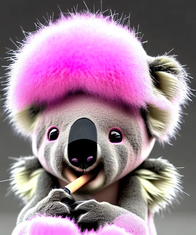 Image similar to high quality 3 d render hyperrealistic very cute small koala smoking weed, plush mascot, short spiky dense fluffy smooth hair, photo from the side, pink fluffy fur, 1 5 0 mm, beautiful natural soft light, rim light, vray, smooth background, artstation, ultra detailed