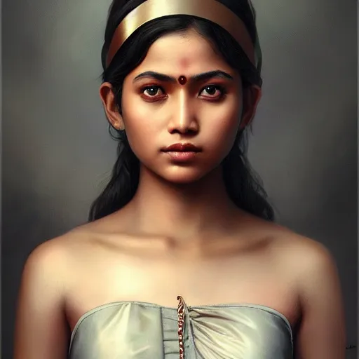 Prompt: beautiful young assamese girl ; portrait by artgerm and tom bagshaw ; trending on artstation ; award winning, cinematic natural dramatic lighting, studio photography by annie leibovitz