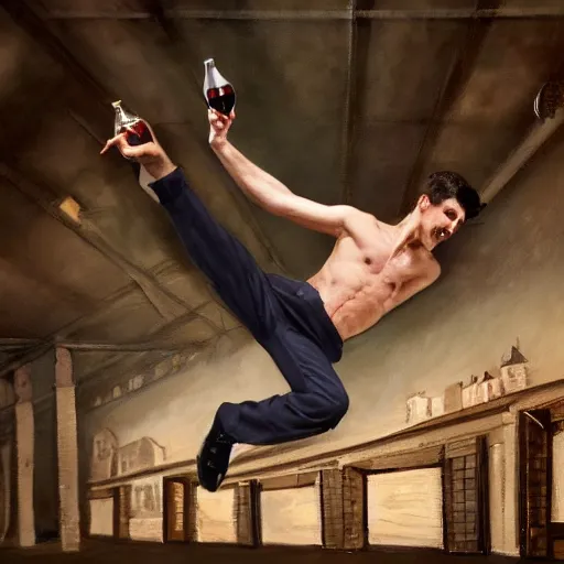 Prompt: a painting of a portrait of a male model boisterously dancing around the room by himself holding an empty wine bottle as he jumps in the air in a (warehouse), striking artistic concept, perfect composition, detailed facial expression, fine detail, dramatic lighting, award-winning photo UHD, 4K