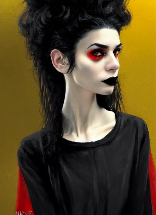 Prompt: portrait of an israeli woman with a crooked nose and a confident expression, 1 9 6 0 s, black clothes, goth, punk, brightly coloured hair, funk, intricate, elegant, highly detailed, digital painting, artstation, concept art, smooth, sharp focus, illustration, art by wlop, mars ravelo and greg rutkowski