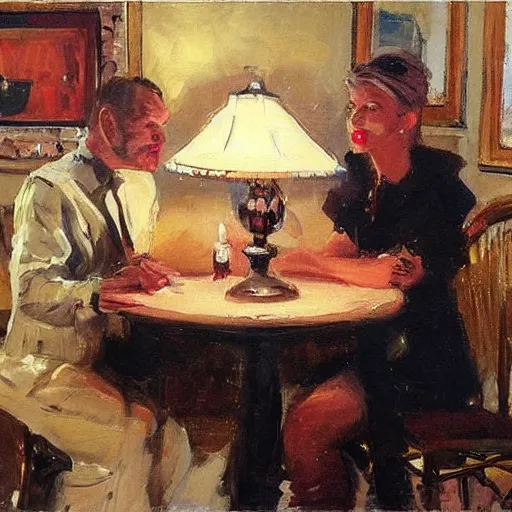 Prompt: by john wayne gacy, by michael garmash realist. a installation art of two people, a man & a woman, sitting at a table. the man is looking at the woman with interest. the woman is not interested in him. there is a lamp on the table between them.