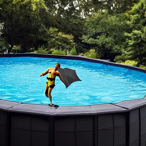 Image similar to batman swimming in an above ground pool