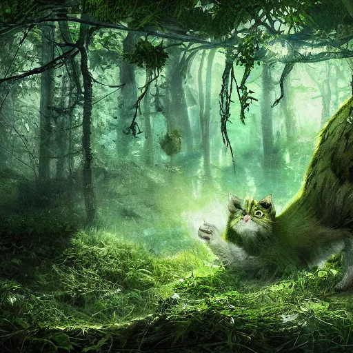 Prompt: a green eldritch kitten in an overgrown forest viewed from the sky by Marek Okon, god rays, fantasy art, 4k, HDR, photorealistic, 8k, trending on artstation