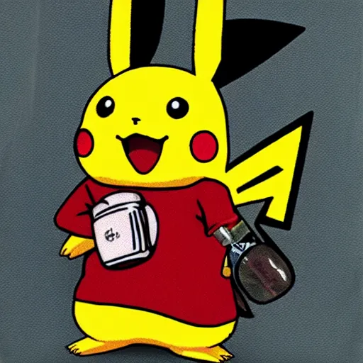 Image similar to pikachu holding a bottle of whiskey