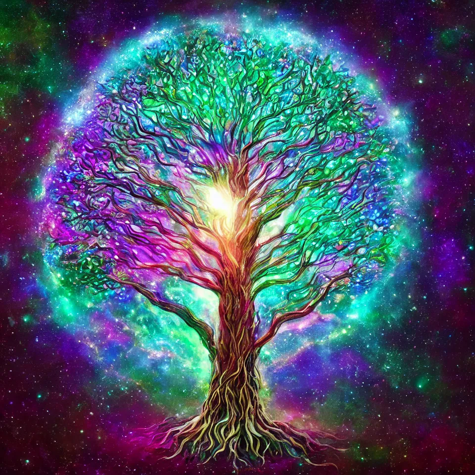 Image similar to cosmic tree of life made of stars, center composition, cinematic, trending on artstation, low level, 4K UHD image,