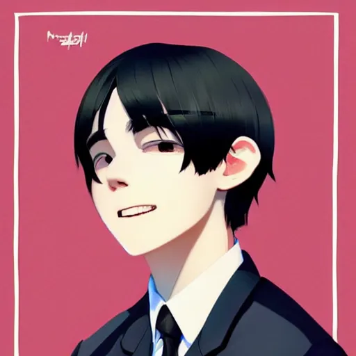 Prompt: a headshot of a very happy yoongi closed smile - short black hair wearing male school uniform, sharp focus, illustration, morandi color scheme, art station, high detailed, by ilya kuvshinov, gorillaz art