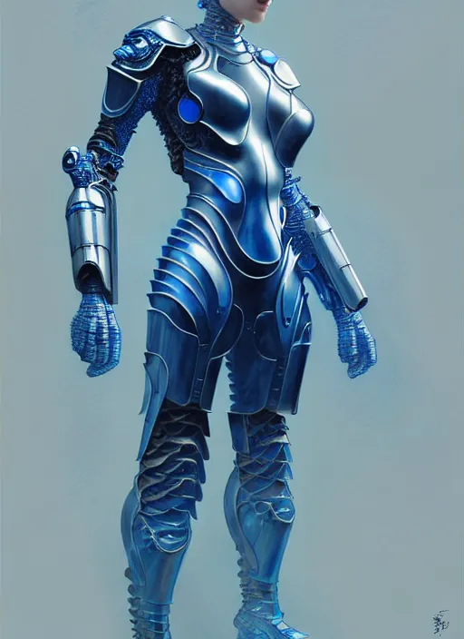 Image similar to ceramic cyborg armor, Chinese blue, diffuse lighting, fantasy, intricate, elegant, highly detailed, lifelike, photorealistic, digital painting, artstation, illustration, concept art, smooth, sharp focus, art by John Collier and Albert Aublet and Krenz Cushart and Artem Demura and Alphonse Mucha